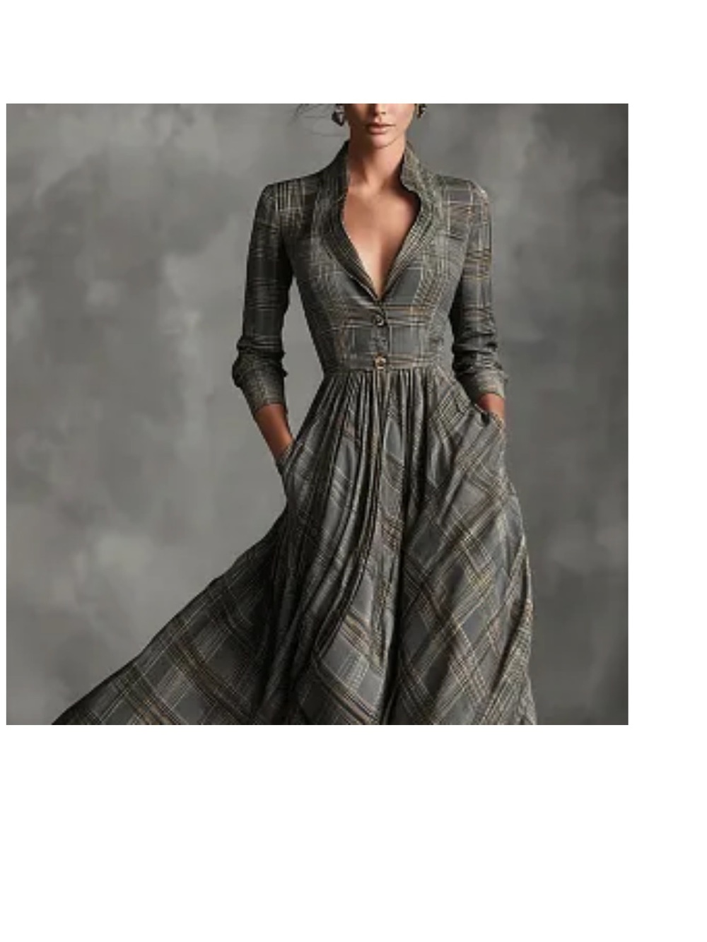 Plaid Long Sleeve Collared Maxi Dress in Gray